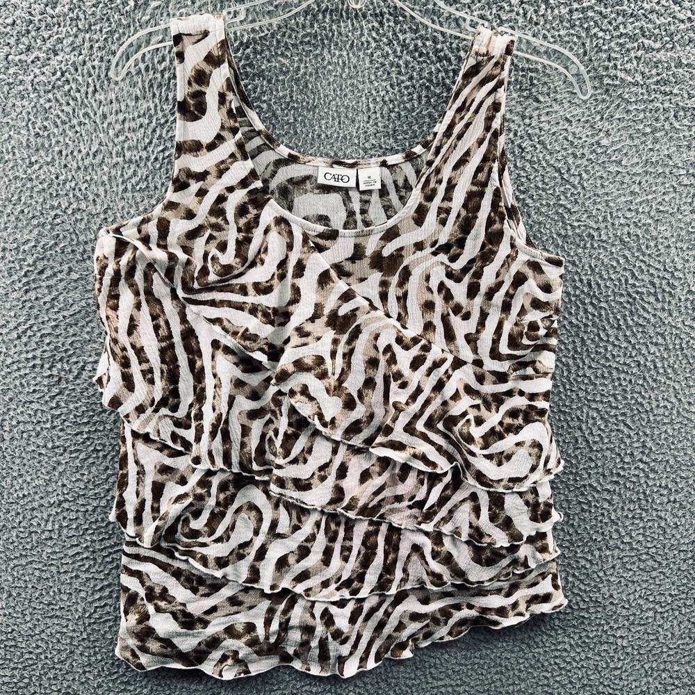 Womens Artsy Indie Abstract Animal Print Tank Top M Ruffle Layered Flowy Lined‎